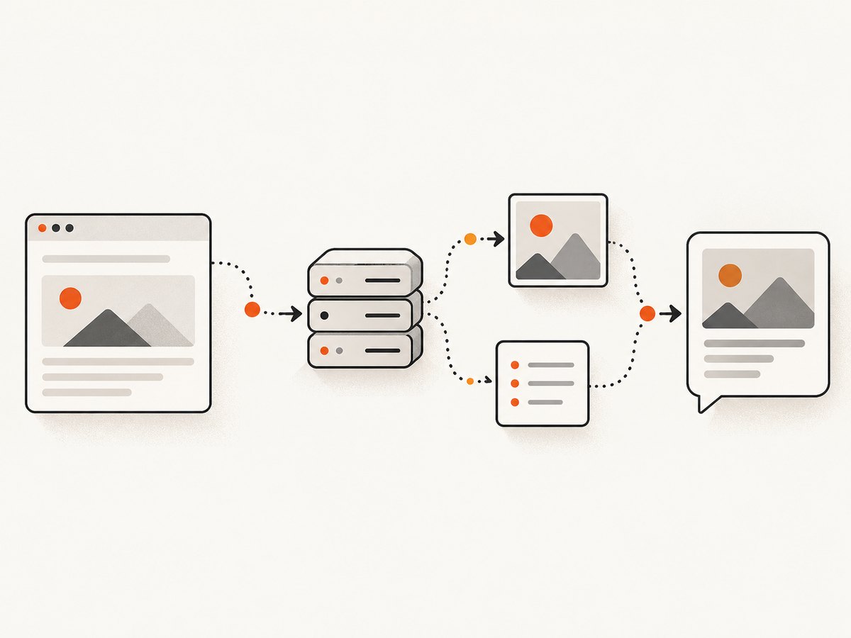 The page metadata and absolute image URL must be reachable in the initial response for a crawler to use them.