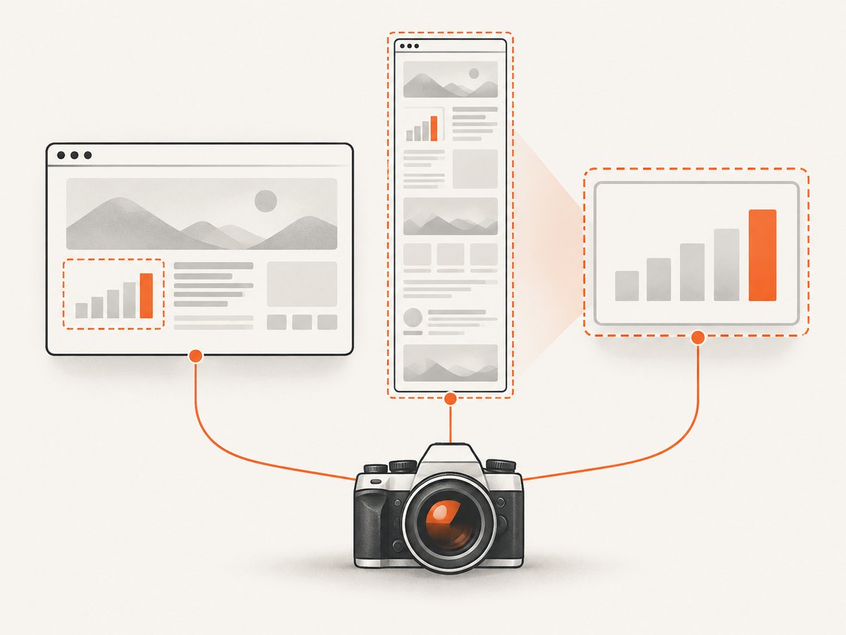 Puppeteer can capture the viewport, the full page, or one element.