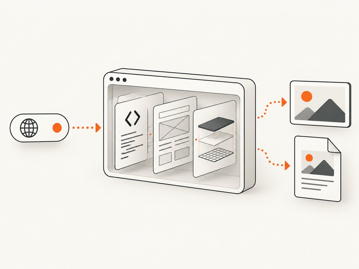 A headless browser turns navigation and rendered page state into a screenshot or PDF.