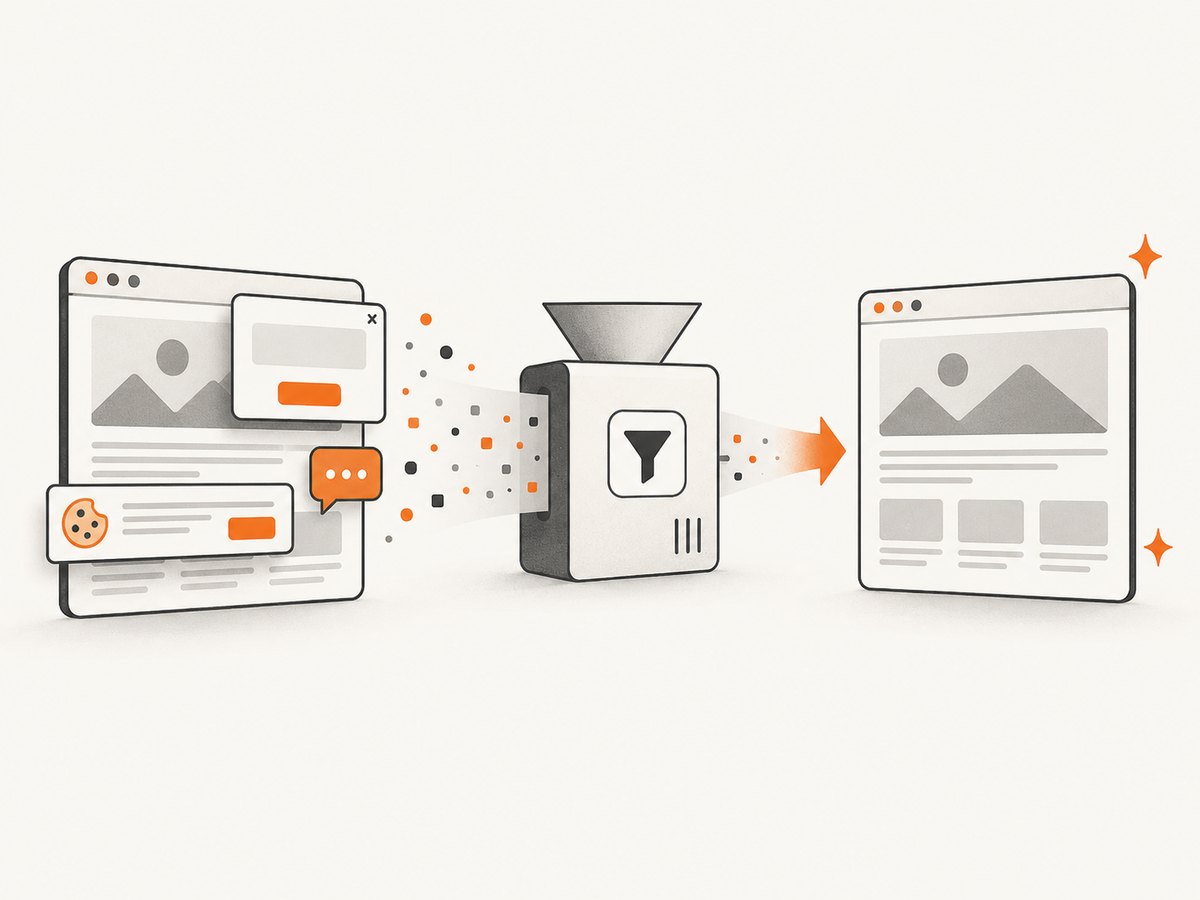 Automated capture can remove common overlays before producing the final page image.