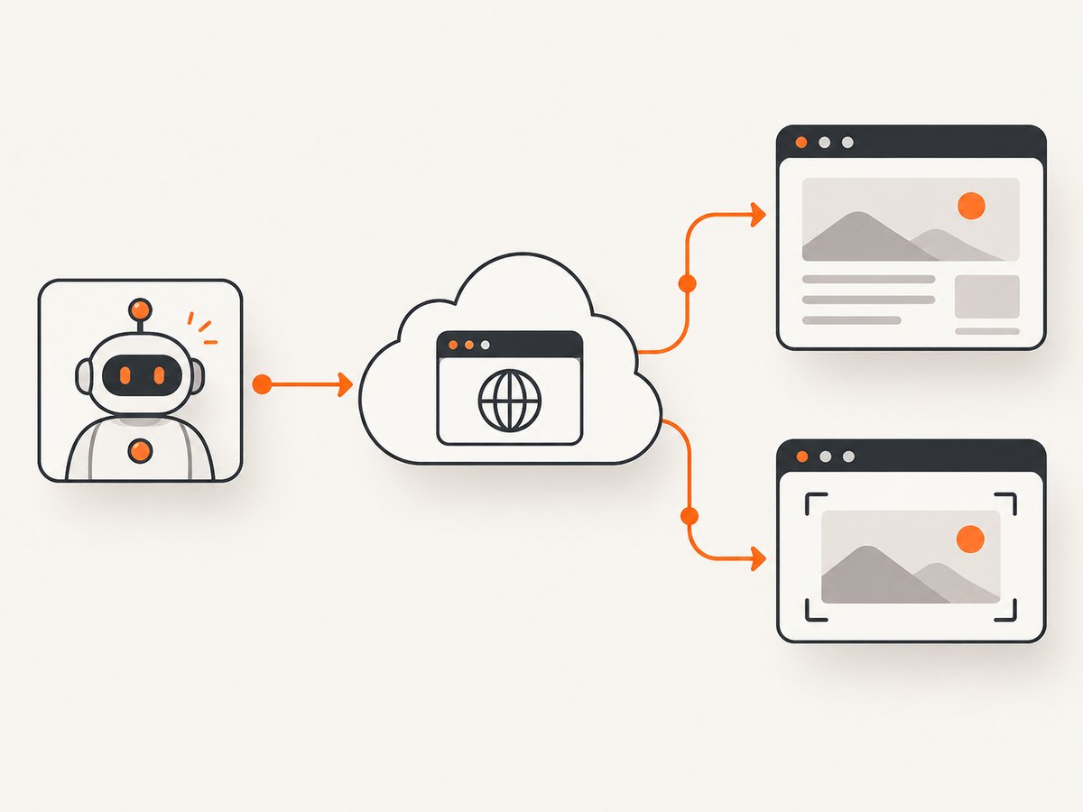 A browser-dependent agent sends commands to a remote session and receives rendered evidence.