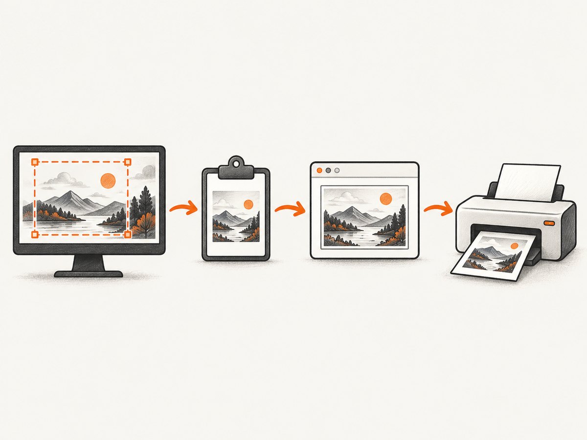 A screenshot can exist on the clipboard without being a saved file; printing begins only after it reaches an app with a print function.