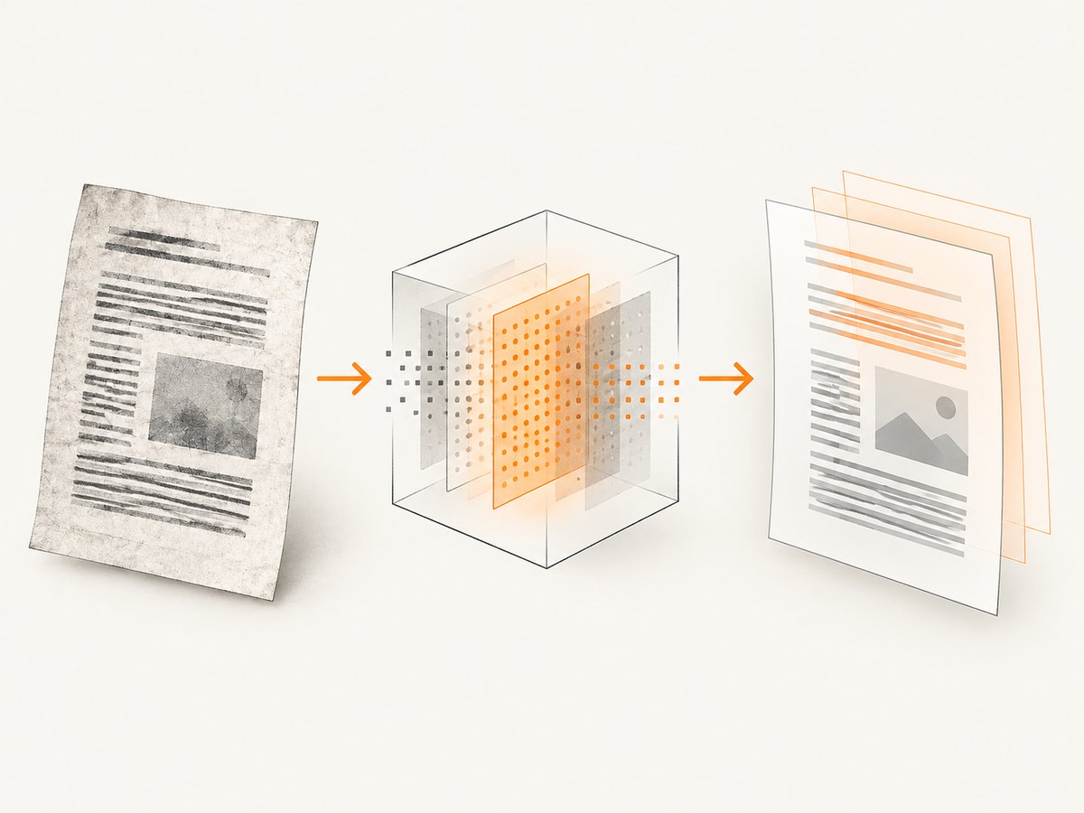 OCR adds a selectable text layer behind the scanned page image.