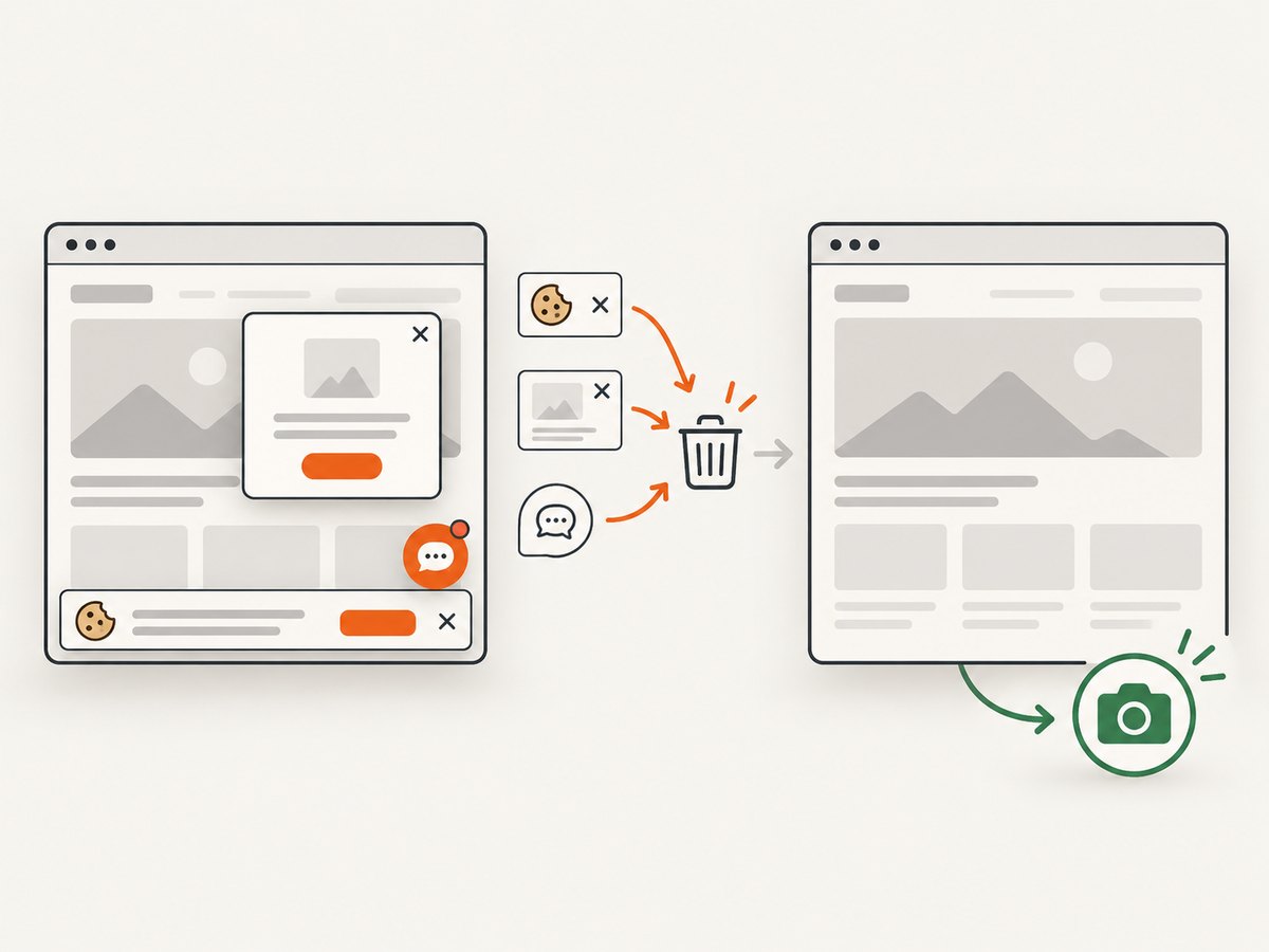 ScreenshotNeo clears common consent banners and overlays before capturing the page.