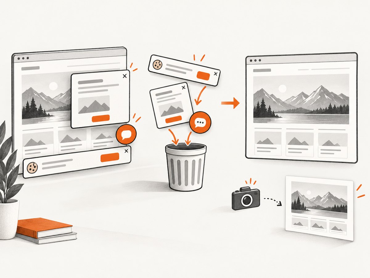 A clean capture removes distracting consent banners, popups, and chat widgets before the image is produced.