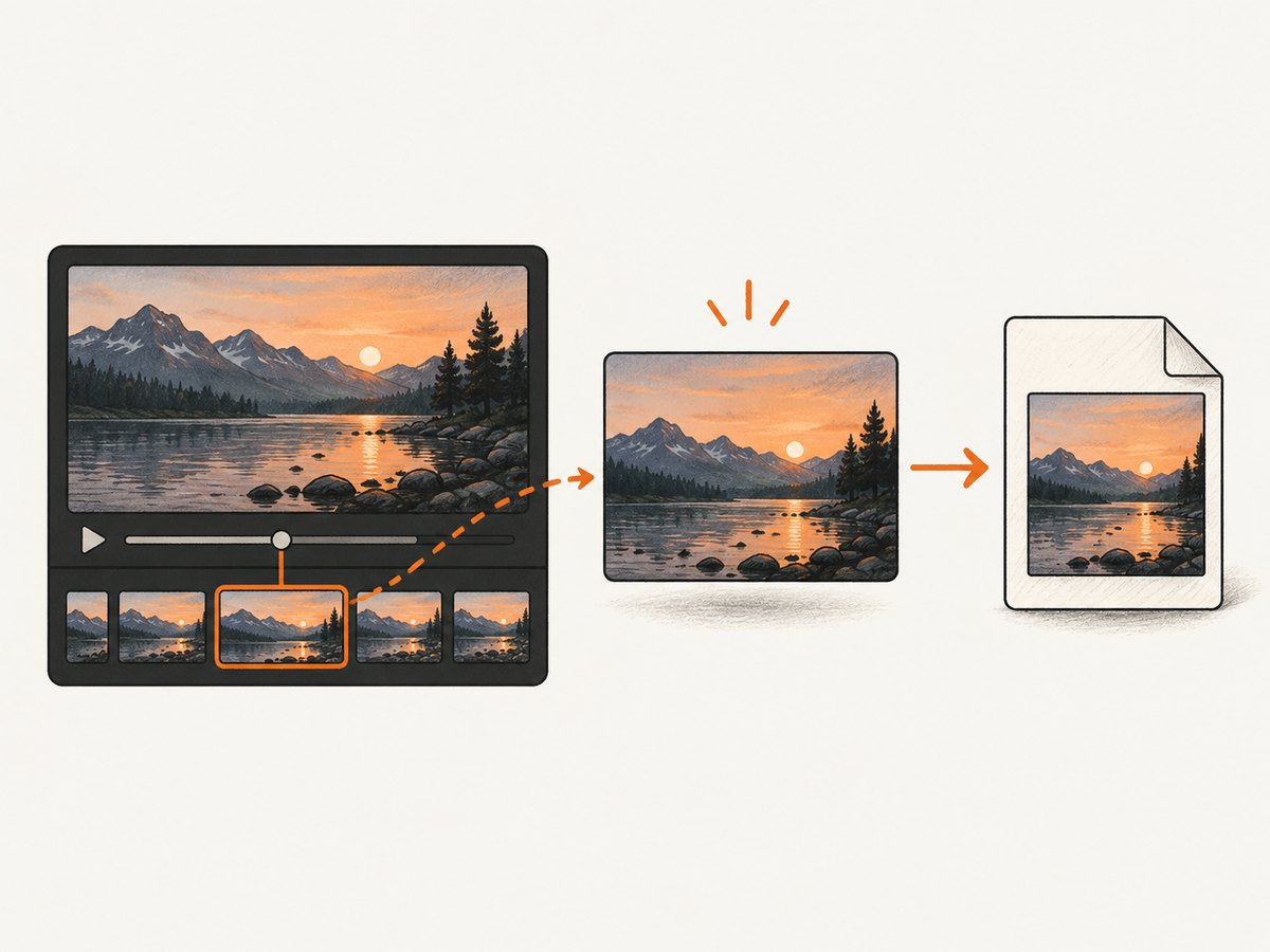 Frame selection and thumbnail design are separate steps: capture the still, then prepare it for upload.