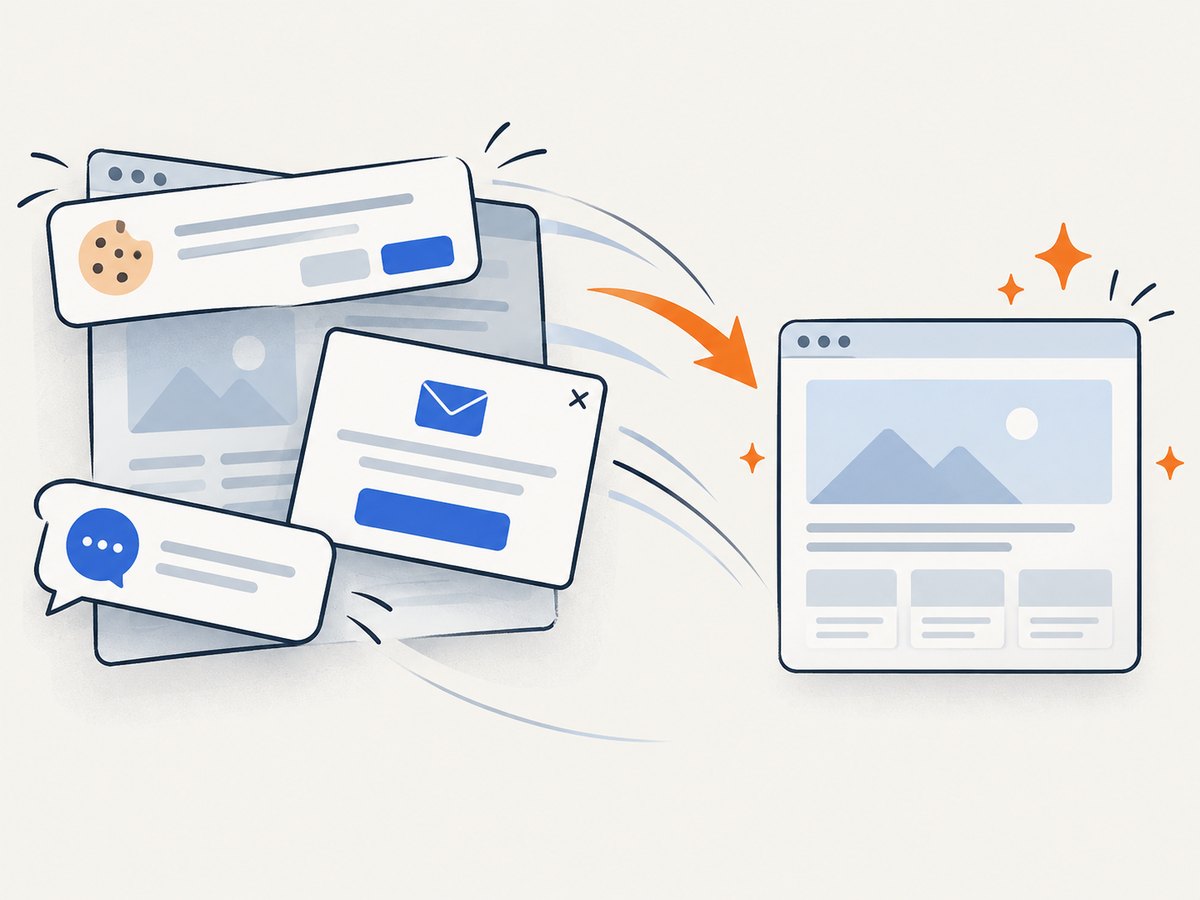 ScreenshotNeo removes common consent banners, newsletter popups, and chat widgets before capture.
